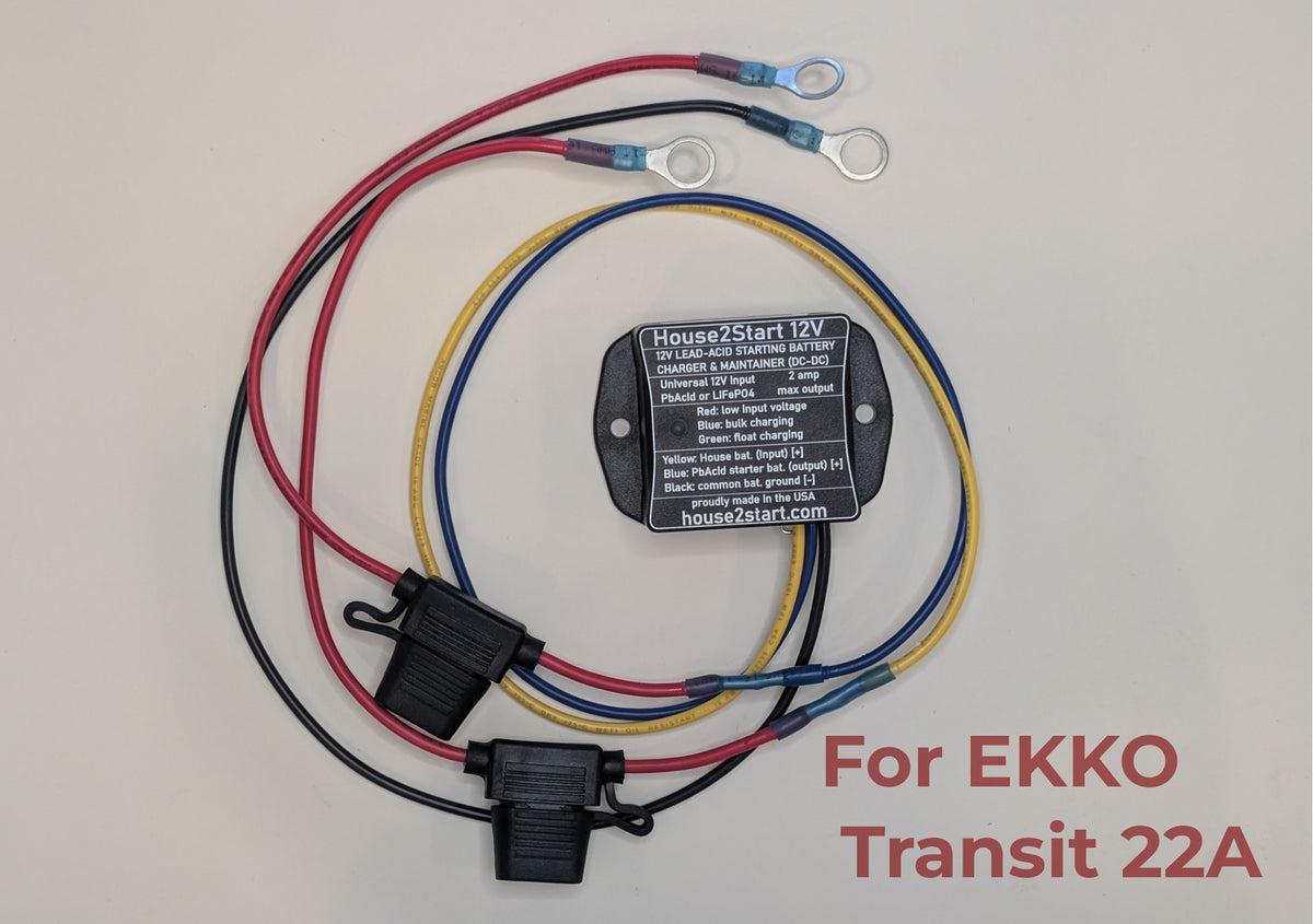 House2Start charger prewired with fuses and ring terminals for use in the Winnebago Ekko 22A on a Transit Chassis