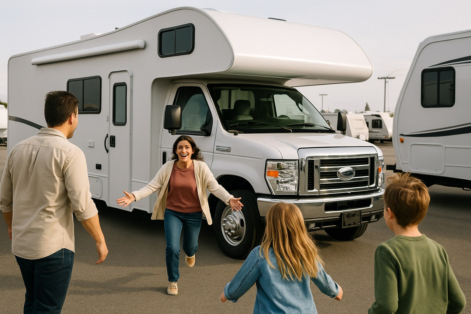 Family of four walking towards a large white RV in a parking lot.