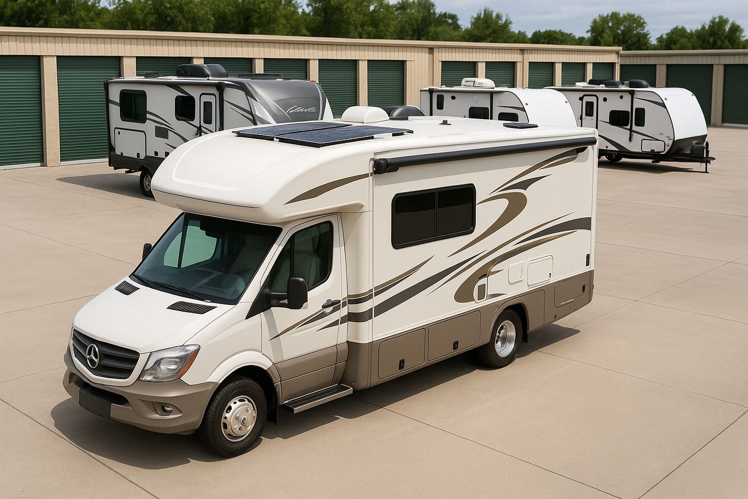 Motorhome parked in front of storage units with other RVs in the background.