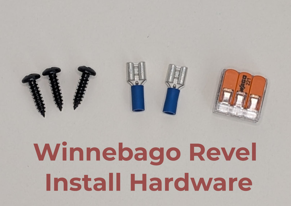 Winnebago Revel install hardware set on a light gray background, including three black screws, two spade terminal connectors, and an 3 way Wago, with red text reading 'Winnebago Revel Install Hardware' below.