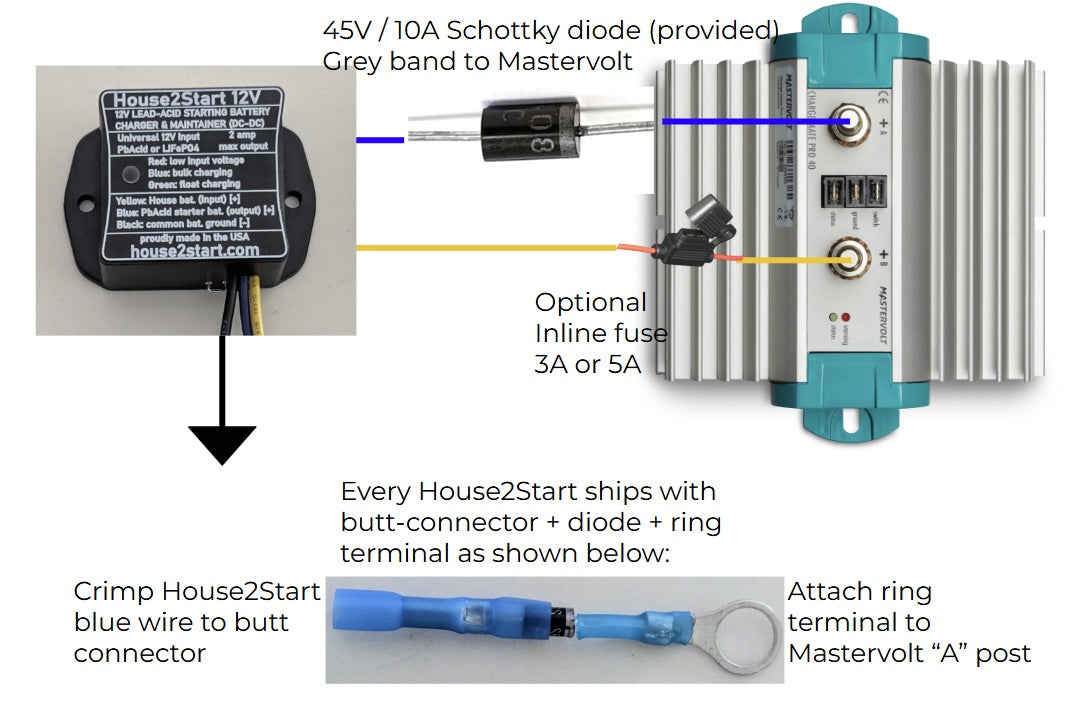 Diagram of House2Start installed to a Mastervolt Chargemate device.