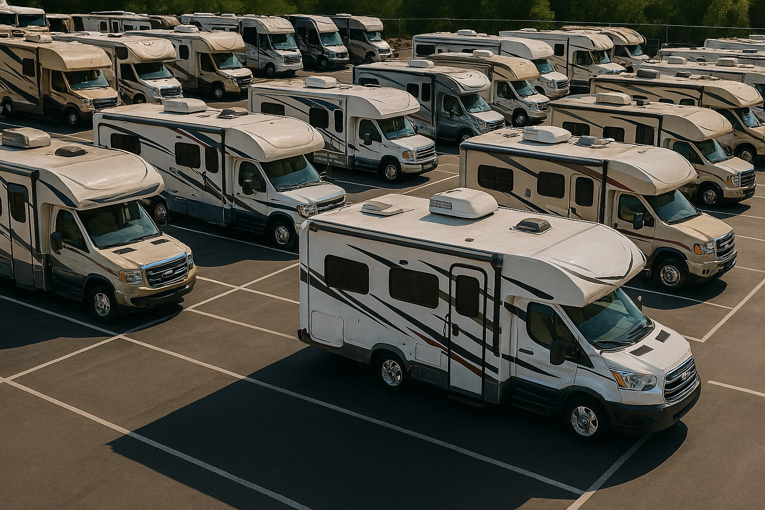 Aerial view of Class C RVs on a dealer lot, where House2Start keeps inventory ready to start for test drives or delivery.