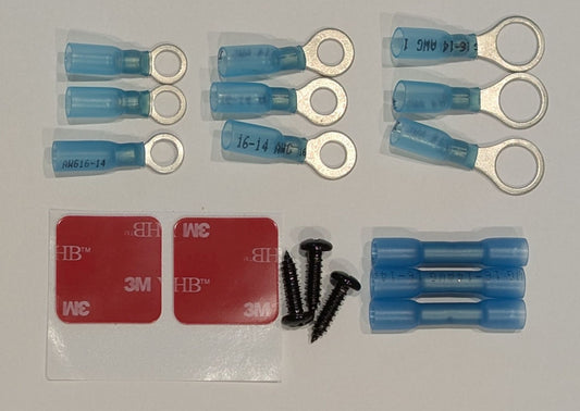 Assorted set of electrical connectors and mechanical fasteners.